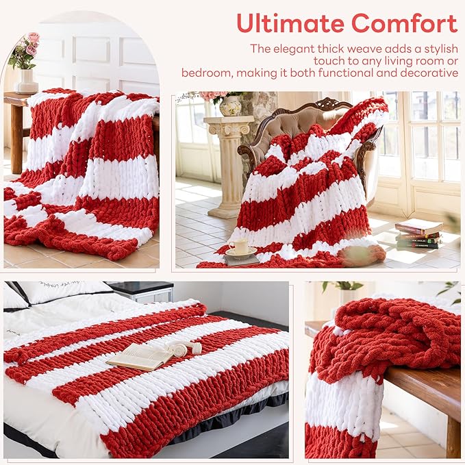 Chunky Knit Blanket - Luxury Soft Cozy 50 * 60 Throw Blanket,100% Woven Blanket Rope Knot Throw Blanket for Couch, Sofa, Home Decor, Gift - Machine Washable（White/Wine red）-Ruum Studio Home