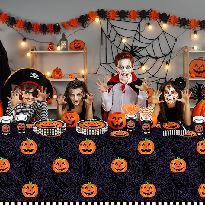 Halloween Plates and Napkins Party Supplies, Pumpkin Halloween Party Decorations Tableware, Pumpkin Paper Plate, Cup, Napkin, Tablecloth, Disposable Cutlery, Serves 24-Ruum Studio Home