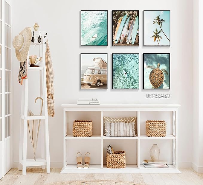 EVPYXFUT Set of 6 Tropical Beach Canvas Wall Art Surf Poster Summer Ocean Coastal Pictures Turtle Print Palm Tree Surfboard Gallery Paintings Nautical Bus Wall Decor for Bedroom Bathroom Unframed-Ruum Studio Home