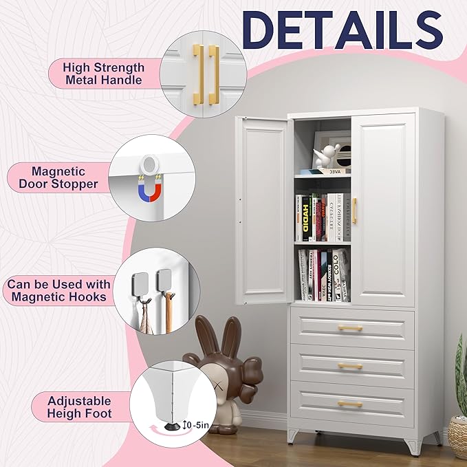 Pantry Kitchen Cabinet with Drawer, 75" Tall Pantry Storage Cabinet, Metal Storage Cabinets with Doors and Shelves, Large Freestanding Cupboard for Dining Room, Assembly Required, White-Ruum Studio Home