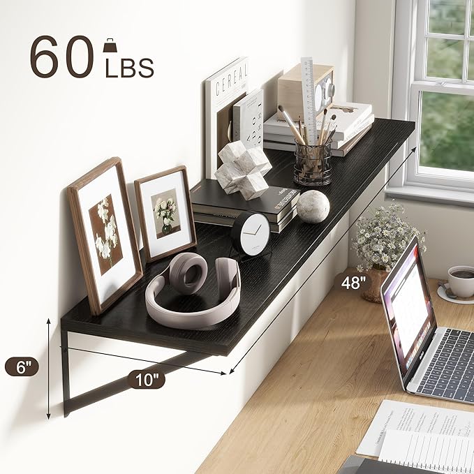 Floating Shelves 48 Inch Long, 10" Deep Floating Shelves, Black Wall Shelves 48 x 10, Set of 2, Wide Large Display Storage Shelves for Bathroom, Living Room, Rustic Wood Shelves with Brackets-Ruum Studio Home