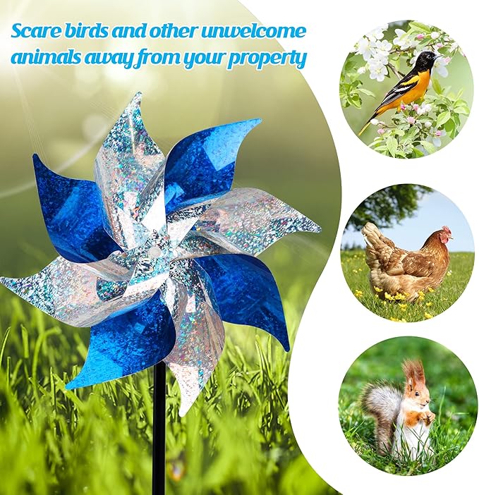 Hausse 10 Pack Reflective Pinwheels, Extra Sparkly Pinwheel, Bird Repellent Devices Deterrent to Scare Birds Away from Yard Patio Farm, Blue & Silver-Ruum Studio Home