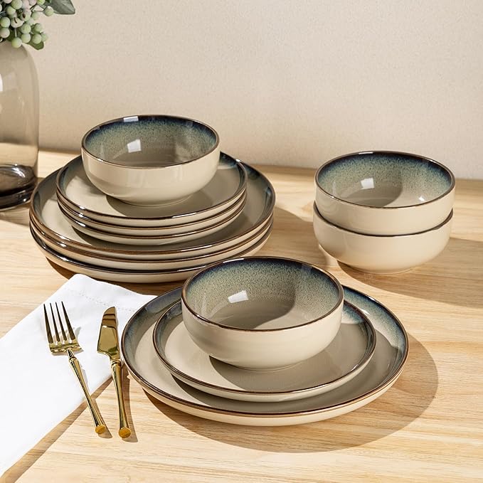 GBHOME Ceramic Dinnerware Sets for 4, 12 Pieces Stoneware Plates and Bowls Sets, Scratch Resistant Dishes, Dishwasher & Microwave Safe, Reactive Glaze-Gravel-Ruum Studio Home
