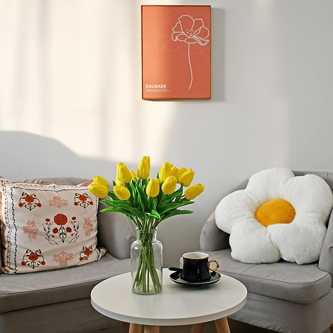 Mandy's Artificial Tulips 20 Stems Yellow PU Faux Flowers for Wedding Home Decor 13.5 Inch-Ruum Studio Home