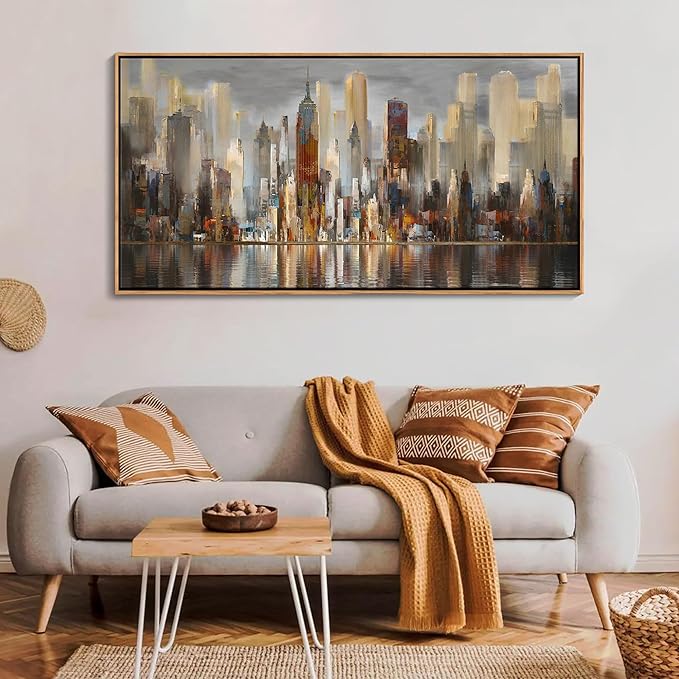 Mofutinpo Abstract Modern Canvas Wall Art for Living Room Cityscape New York Wall Decor City Theme Paintings Brown Framed Pictures Office Artwork Wall Decor Bedroom Above Bed-Ruum Studio Home