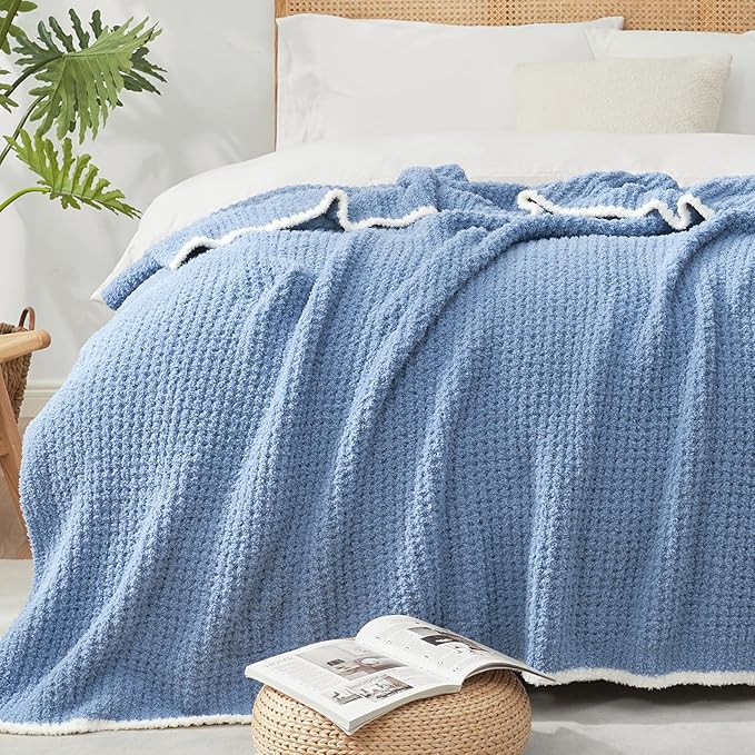 Snuggle Sac Ultra Soft Waffle Throw Blanket for Couch Bed Sofa 50x60 inches, Reversible Blue Blanket Microfiber Fluffy Fuzzy Cozy Knit Throws for Women Mothers Birthday Gifts-Ruum Studio Home