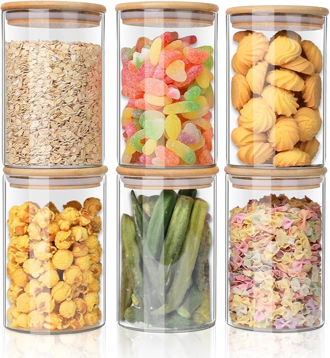 YUNCANG Glass Food Storage Jars 37oz [Set of 6],Clear Glass Food Storage Containers with Airtight Bamboo Lid Stackable Kitchen Canisters for Candy,Cookie,Rice,Sugar,Flour,Pasta-Ruum Studio Home
