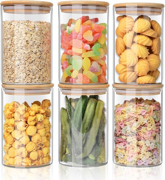 YUNCANG Glass Food Storage Jars 37oz [Set of 6],Clear Glass Food Storage Containers with Airtight Bamboo Lid Stackable Kitchen Canisters for Candy,Cookie,Rice,Sugar,Flour,Pasta-Ruum Studio Home