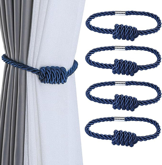 Fenghuangwu 4Pack Magnetic Curtain Tiebacks – Bohemian Style Handmade Woven Tie-Backs for Drapes,Elegant Exquisite Knot Holdbacks,Outdoor Boho & Modern Home Decor(Navy)-Ruum Studio Home