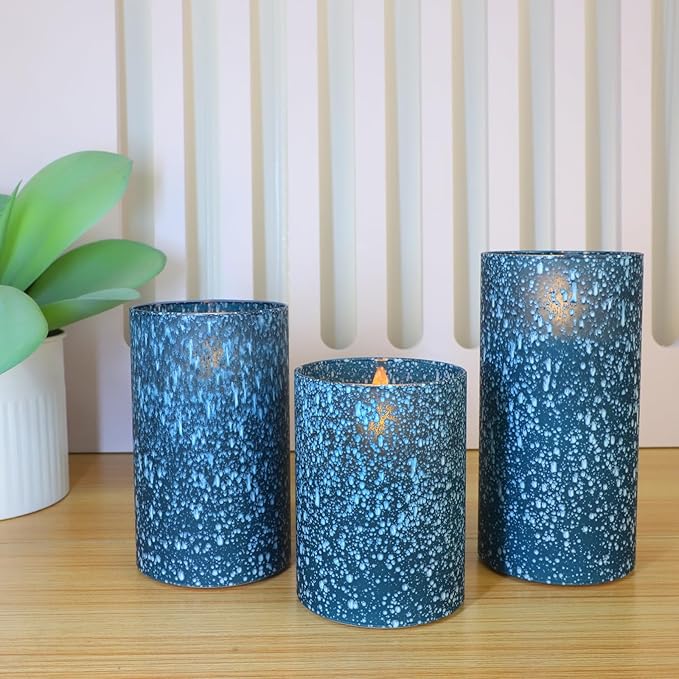 Flameless Candles with Remote - Battery Operated Candles with Timer, Flickering Real Wax LED Pillar Christmas Candles for Wedding, Table, Home Decorations (Blue, Set of 3)-Ruum Studio Home