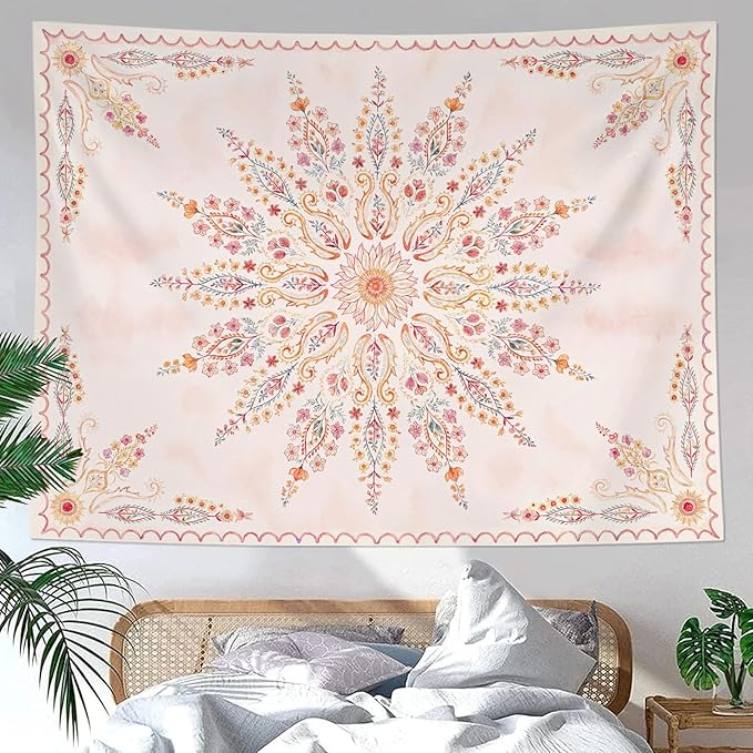 Fowocu Boho Floral Mandala Tapestry for Bedroom Aesthetic Pink Bohemian Flower Wall Tapestry Watercolor Hippie Indian Large Tapestries Wall Hanging for Living Room Dorm Decor 80 x 60 Inch-Ruum Studio Home