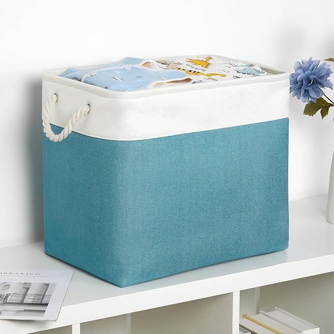 Bidtakay Extra Large Storage Baskets for Shelves 3 Pack Fabric Storage Bins for Organizing Linen Collapsible Organizer for Closet-White&Teal-Ruum Studio Home