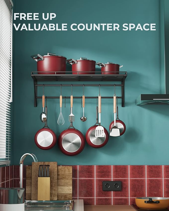 OROPY 23 Inch Wall Mounted Pot Rack Storage Shelf with 2 Tier Hanging Rails 12 S Hooks included, Ideal for Pans, Utensils, Cookware, Plant Black-Ruum Studio Home