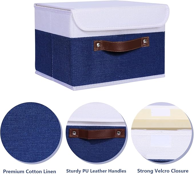 ANMINY 4PCS Storage Boxes with Lid Washable Decorative Storage Bin Basket with PU Leather Handle Foldable Linen Fabric Storage Cube Container for Home Closet Organizer - Deep Blue White, Small Size-Ruum Studio Home
