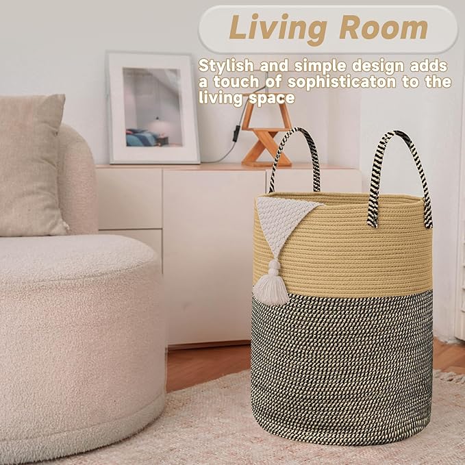 Large Woven Laundry Basket Hamper,80L Cotton Rope Storage Bin for Blankets,Toys and Clothes,Decorative Tall Nursery Hamper for Living Room,Baby Nursery,Bathroom and Bedroom,Brown and Black-Ruum Studio Home