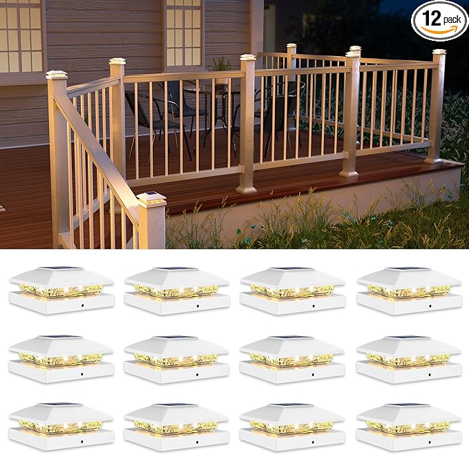 VOLISUN 4x4 Solar Post Cap Light 12pack,Solar Fence - Cap Lights Outdoor Waterproof for Wooden/Vinyl Post,White Deck Post Cap Light Solar Powered with Warm White for Garden/Patio/Porch-Ruum Studio Home