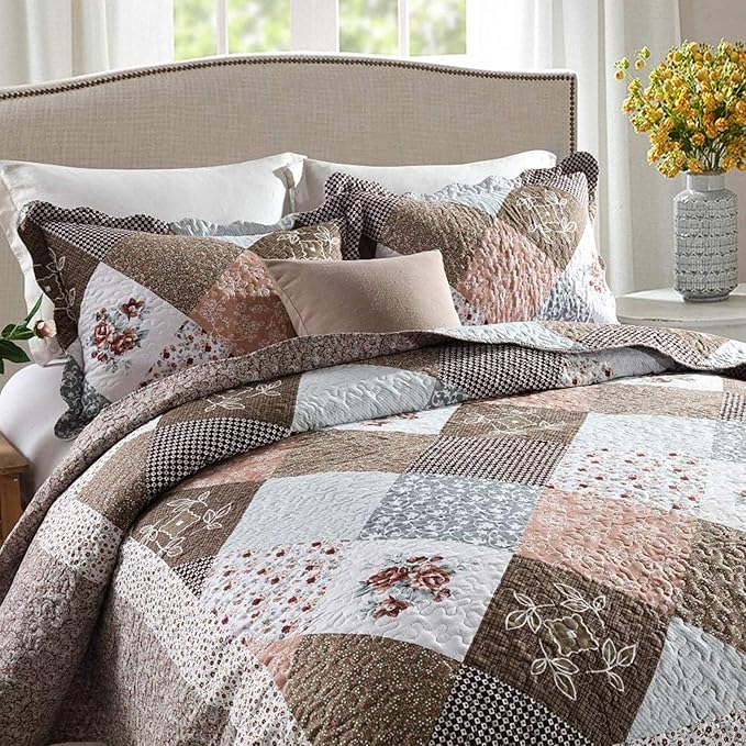 NEWLAKE Quilt Bedspread Sets-Checkered Floral Reversible Coverlet Set,King Size-Ruum Studio Home