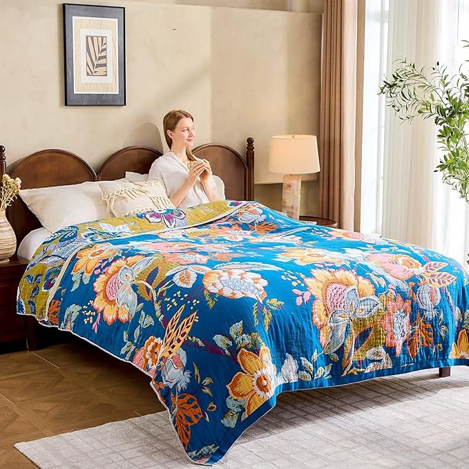 Boho Throw Blanket, Blue Lightweight Blankets for Summer, 100% Cotton Bohemian Decorative Throw Blanket, 90"x98" Reversible Muslin Breathable Woven Farmhouse Blankets Quilt,-Ruum Studio Home