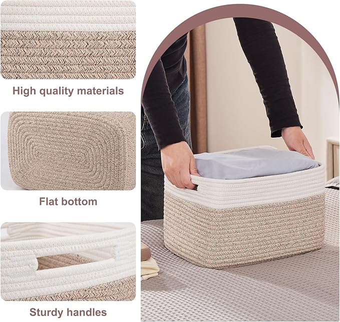 OIAHOMY 4 Pack Storage Baskets for Organizing, Basket for Shelves with Handle, Woven Baskets for Storage Toys, Towels, Books, Cotton Rope Basket 13" L x 9 " W x 7.8 " H, Brown & White-Ruum Studio Home