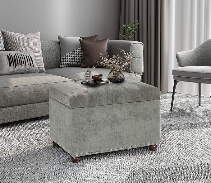 Joveco Storage Ottoman Foot Rest Stool, 24" Velvet Footstool Bench for Living Room Bedroom, Light Grey-Ruum Studio Home
