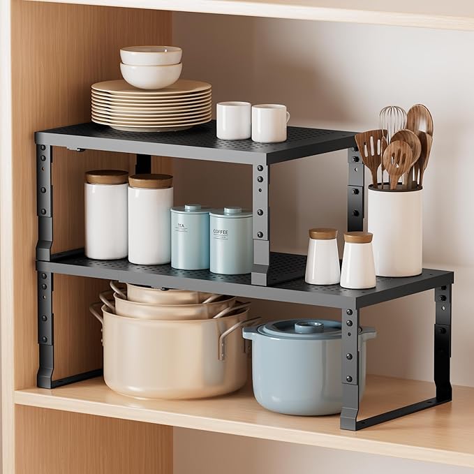 Metal Stackable Expandable Storage Shelf - Multi-Functional Home Storage Shelf, Suitable for Kitchen, Cabinet，Bathroom, Office, Garage, etc.（1PACK/Black/Large-Ruum Studio Home