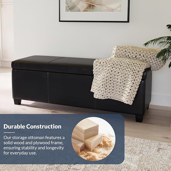 BELLEZE 47 Inch Storage Ottoman, Faux Leather Storage Bench Bedroom Bench with Safety Close Hinge, Ottoman with Storage for Living Room, Entryway, Hallway, Foot Rest, Support 300lbs - Black-Ruum Studio Home