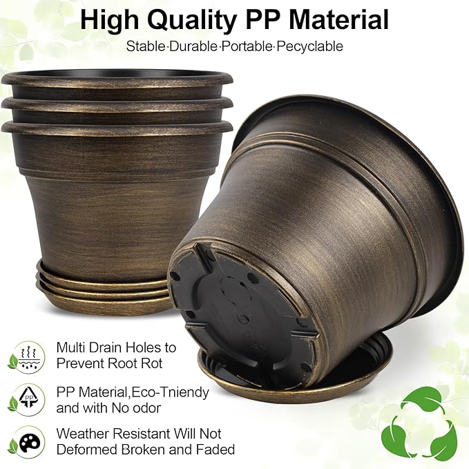 16 inch Plant Pots Outdoor Planters，4 Pack Large Plastic Flower Pot for Indoor Plants with Drainage Holes & Saucer, Resin Decorative Container Sets with Trays for House Outdoor Garden Plant Dark Gold-Ruum Studio Home
