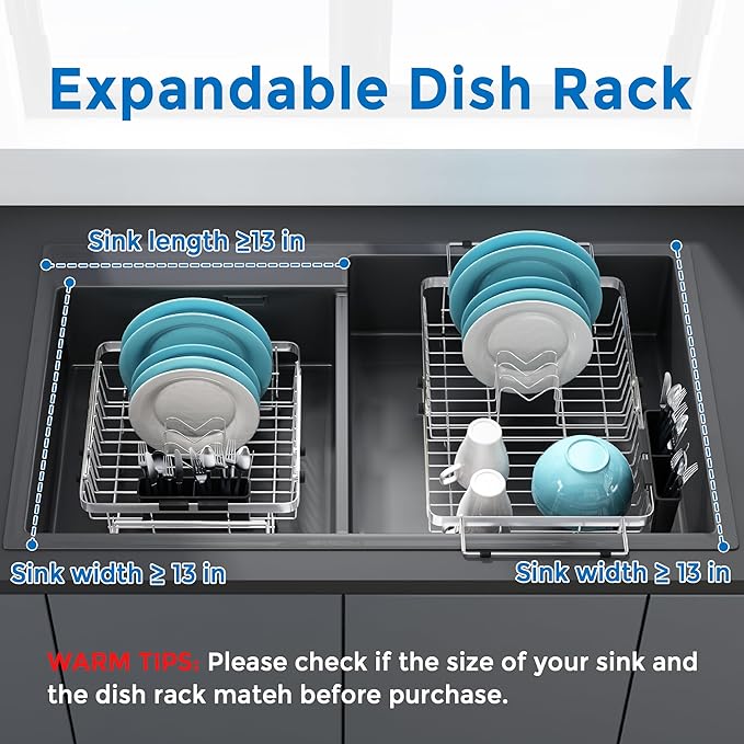 MAJALiS Expandable in Sink Dish Drying Rack - Adjustable Capacity (11.3''-17''L) Stainless Steel Over Sink Dish Drainers Rack for Kitchen Sink with Utensil Holder, Silver-Ruum Studio Home