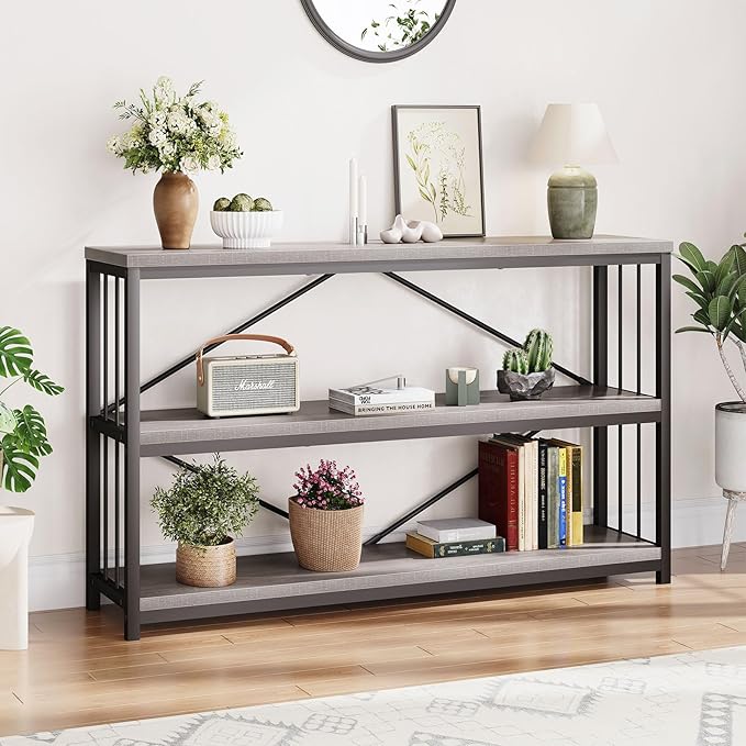 LVB Farmhouse Entryway Table, Metal Wood Console Table for Hallway, Industrial Rustic Sofa Table with 3-Tier Storage Shelf, Modern Entry Table for Foyer Front Home Living Room, Light Grey Oak, 47 inch-Ruum Studio Home