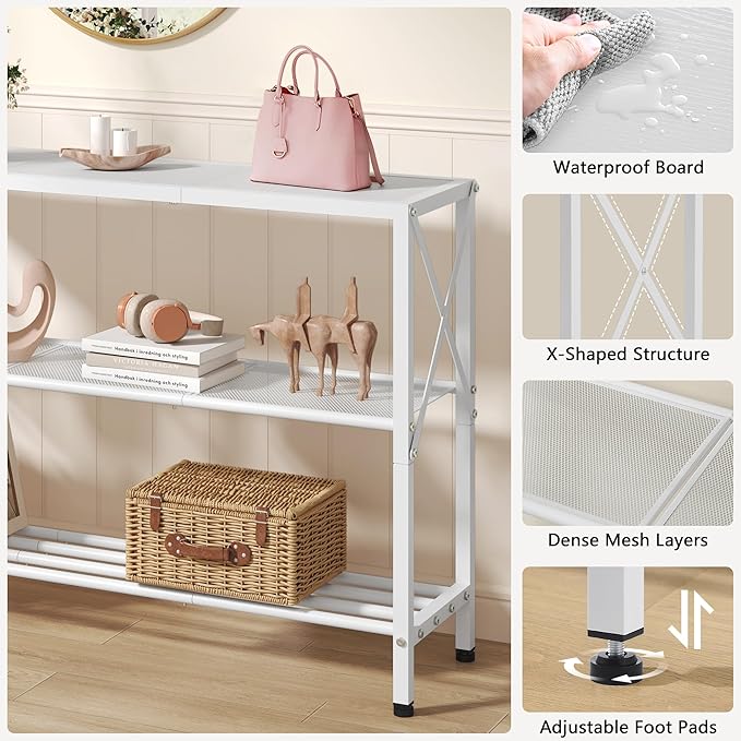 Hoctieon White Industrial Console Table, 3 Tier Entryway Tables, Hallway Desk, Narrow Sofa Tables with Shelves, Entrance Table for Entryway, Living Room, Foyer, Hallway, Office, White-Ruum Studio Home
