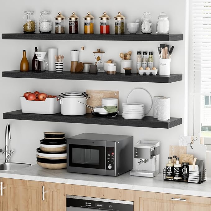 Fun Memories Floating Shelves - 12 Inch Rustic Wooden Wall Shelves - Extra Deeper & Thicker Wall Mounted Storage Shelf for Living Room, Kitchen, Farmhouse - 55" W x 12" D x 1.8" H - Rustic Black-Ruum Studio Home