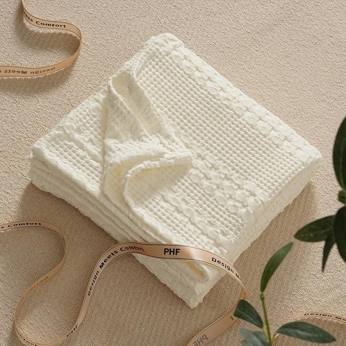 PHF 100% Cotton Waffle Weave Throw Blanket, Soft Lightweight Breathable Cozy Summer Throws for Couch Bed Sofa, Luxury Aesthetic Woven Blanket for Home Decor & Office, 50"x60", Cannoli Cream-Ruum Studio Home