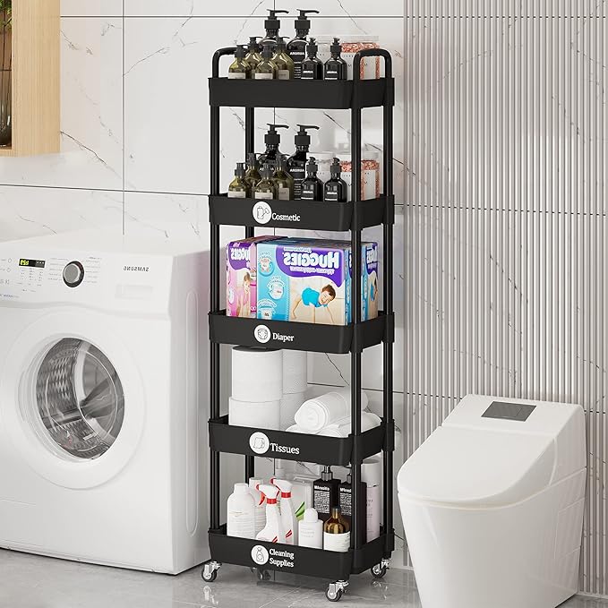 Laiensia Storage Cart,Multifunction Utility Rolling Cart Kitchen Storage Organizer,Mobile Shelving Unit Cart with Lockable Wheels for Bathroom,Laundry,with Classified Stickers-Ruum Studio Home