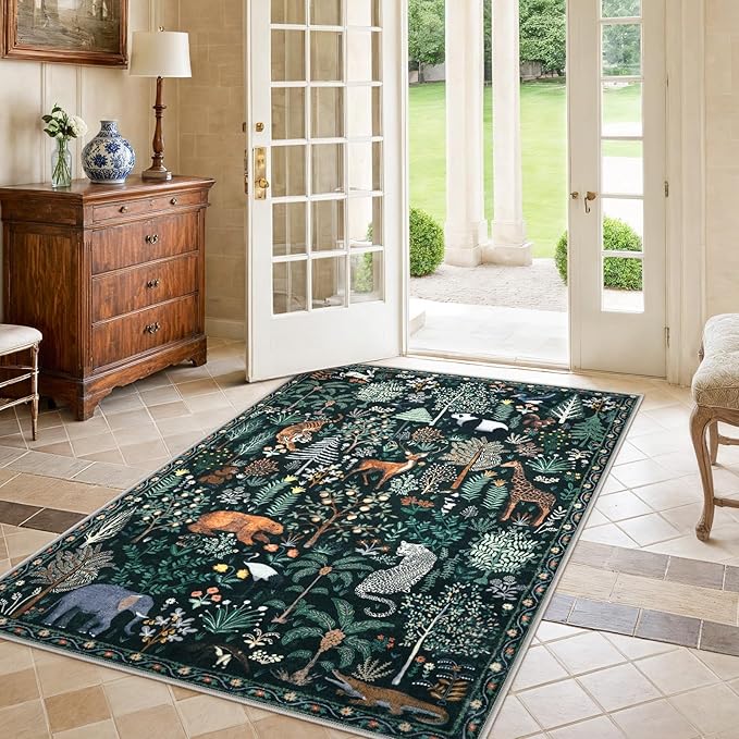 OJIA Jungle Print 5x7 Area Rugs for Living Room, Green Soft Washable Rugs for Bedroom Ultra-Thin Non-Slip Modern Rug, Stain Resistant Nursery Rug Carpet for Kids Playroom Nursery Dining Room-Ruum Studio Home