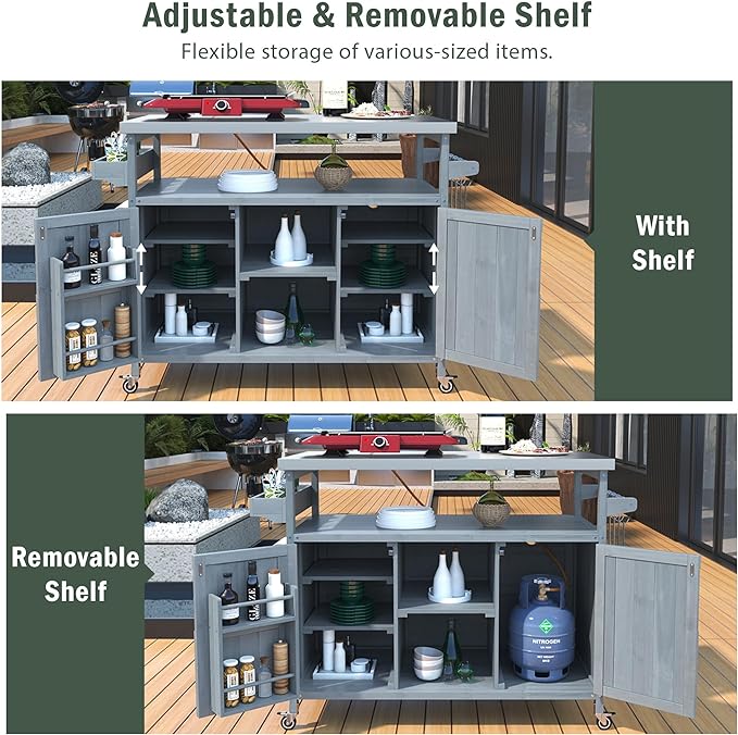 Outdoor Kitchen Island, Rolling Bar Cart & Storage Cabinet, Farmhouse Solid Wood Outdoor Grill Table with Stainless Steel Top, Spice Rack, Towel Rack for Kitchen & BBQ, Grey Blue-Ruum Studio Home