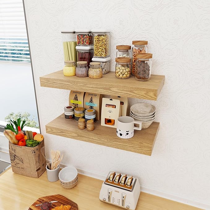 12 Inch Deep Floating Shelves, 24 x 12 Floating Shelf for Books, Rustic Wood Deep Wall Shelves for Home Storage & Display, 2" Thicked Shelves for Kitchen, Living Room, Bedroom, Oak Color, 2 Pack-Ruum Studio Home