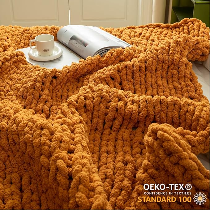 WESHIONGOO Chunky Knit Blanket Throw 50"×60" Knitted Throw Blankets for Couch Bed Fall Throw Blanket Fluffy Soft Blanket with Jumbo Chenille Yarn Thick 100% Handmade (Burnt Orange)-Ruum Studio Home