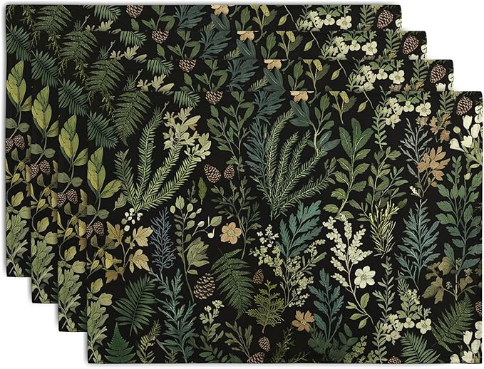 Black Sage Green Plant Placemats Set of 4 Vintage Botanic Fern Leaves Herb Floral Place Mats Rustic Farmhouse Linen Fabric Table Mats for Party Kitchen Dining Outdoor Indoor Decor-Ruum Studio Home