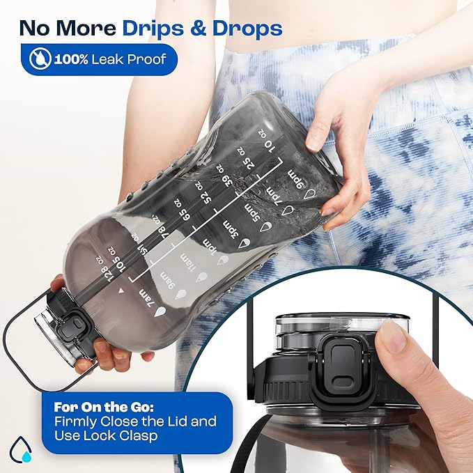 AQUAFIT 128 oz Water Bottle with Time Marker - 2in1 Straw & Chug Lid - BPA Free Big Jug with Straw - Gym Water Bottle with Strap (128 Ounces, Clarity)-Ruum Studio Home