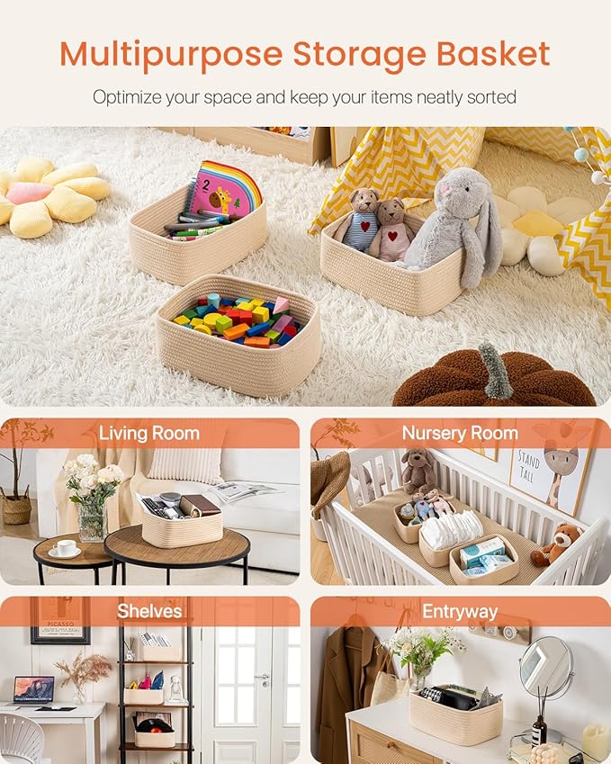 KALLAX Small Woven Basket, 12 x 8 x 4.5 Inches, Storage Basket for Organizing, Cute Small Rope Shelf Closet Cube Storage Bins Baskets for Shelves, Dog Toy Gift Baskets Empty, 3 Packs, Beige-Ruum Studio Home