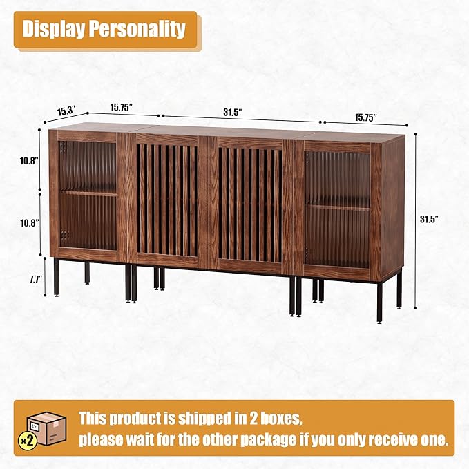 Farmhouse TV Stand for TVs up to 70 Inch, Entertainment Center TV Console with Storage Cabinets and Glass Doors,Media Console for Living Room,Brown-Ruum Studio Home