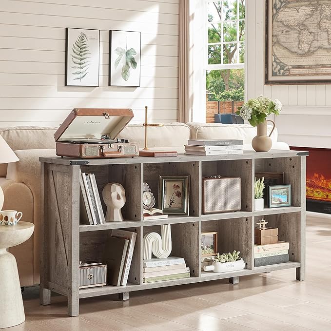 8 Cube Book Shelf, Farmhouse Wood Long Storage Organizer Bookcase, 62" Horizontal Grey Oak Console Closet Bookshelf, Hallway TV Stand for Entryway, Display Cabinet Book Case for Living Room-Ruum Studio Home