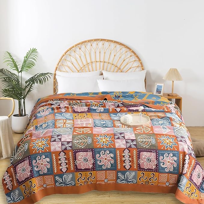 Boho Throw Blanket for Bed - 100% Pure Cotton Ultra Soft Rustic Quilt - Farmhouse Decor Bed Blankets, All Season Rustic Throw for Sofa Couch Chair(80''x 90'', Art Squares)-Ruum Studio Home