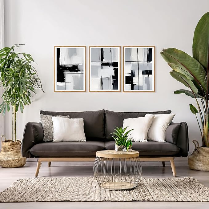 HPNIUB Modern Abstract Geometric Wall Art, Black & White Canvas Neutral Prints, Minimalist Bohemian Mid-Century Wall Art for Hallway, Office Wall Decor- 16"x24"x3-Ruum Studio Home
