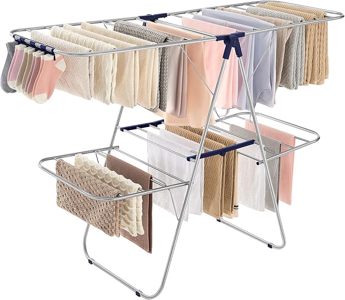 SONGMICS Clothes Drying Rack, Foldable 2-Level Laundry Drying Rack, Free-Standing Laundry Airer, with Height-Adjustable Wings, 33 Drying Rails, Sock Clips, Silver and Blue ULLR53BUV1-Ruum Studio Home