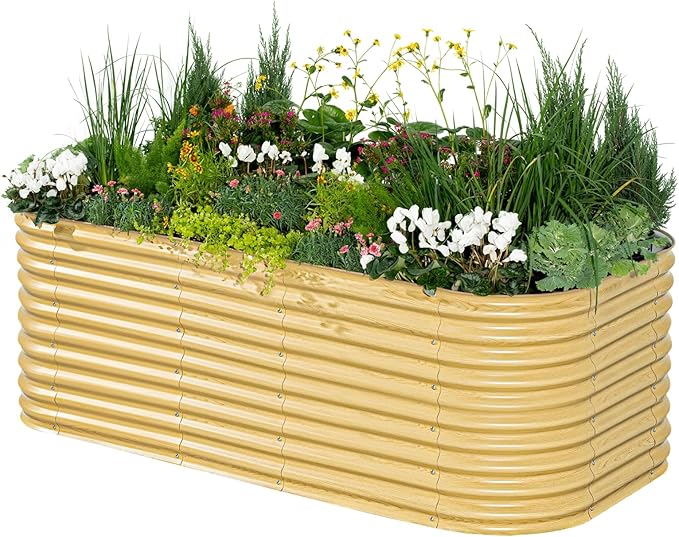 Vego garden 32" Extra Tall Raised Garden Bed Kits, 10 in 1 Modular Raised Planter Box for Vegetables Flowers Fruits Oval Metal Raised Garden Bed, Sunlit Oak-Ruum Studio Home