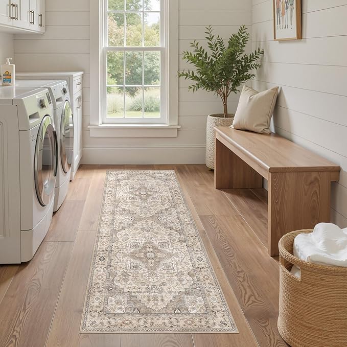 Washable 2x6 Runner Rug - Area Rugs Neutral Vintage Distressed Floral Farmhouse Boho Large Soft Floor Rug Indoor Carpet for Hallway Entryway Bedroom Kitchen - Brown/Multi-Ruum Studio Home