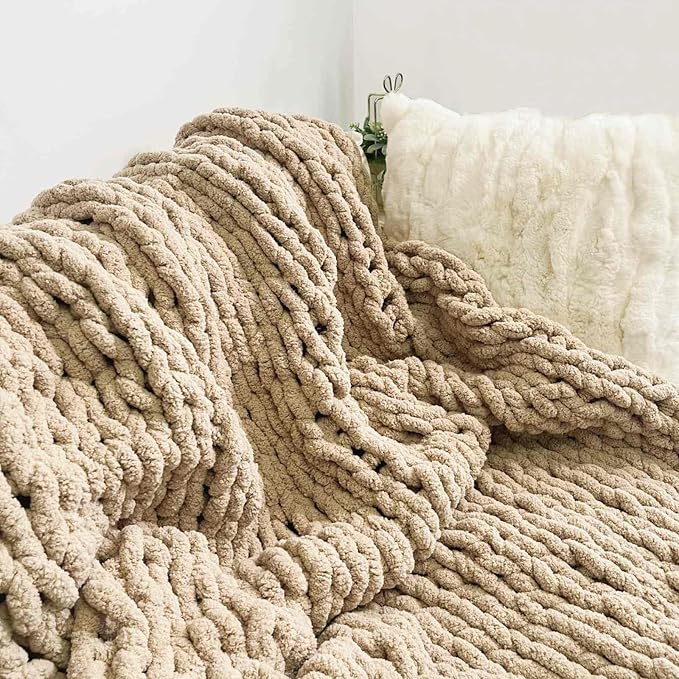 Chunky Knit Blanket Throw 40"x60", Chenille Throw Blankets, Handmade Warm & Cozy Blanket Couch Bed Home Decor, Soft Breathable Fleece Banket, Christmas for Couch Bed Sofa Best Gift (Tan)-Ruum Studio Home