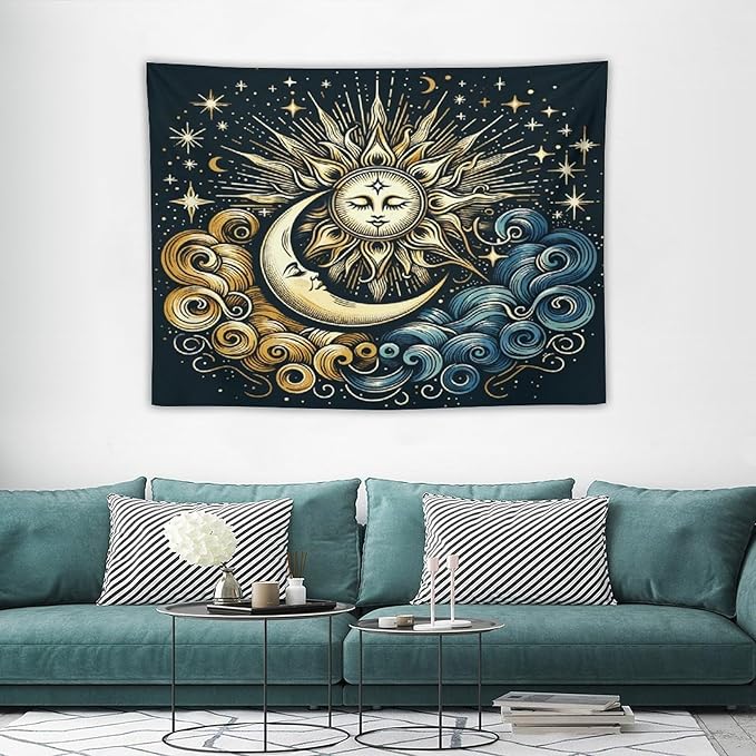 HZOHNAGO Sun Moon Tapestry Boho Golden Stars Pattern Printed Wall Tapestry Wall Hanging for Bedroom Living Room Dorm 40" W x 30" H-Ruum Studio Home