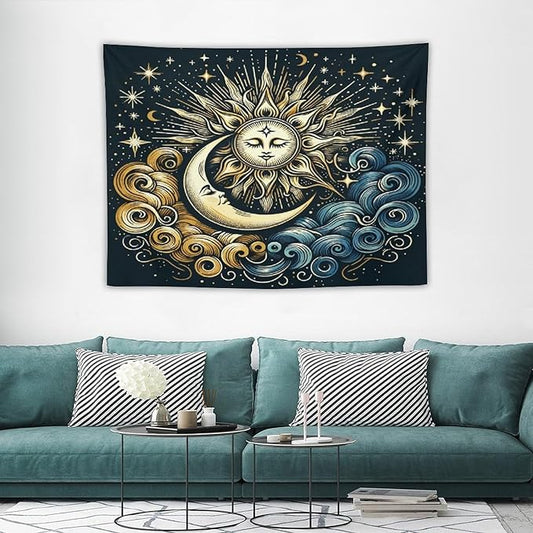 HZOHNAGO Sun Moon Tapestry Boho Golden Stars Pattern Printed Wall Tapestry Wall Hanging for Bedroom Living Room Dorm 40" W x 30" H-Ruum Studio Home